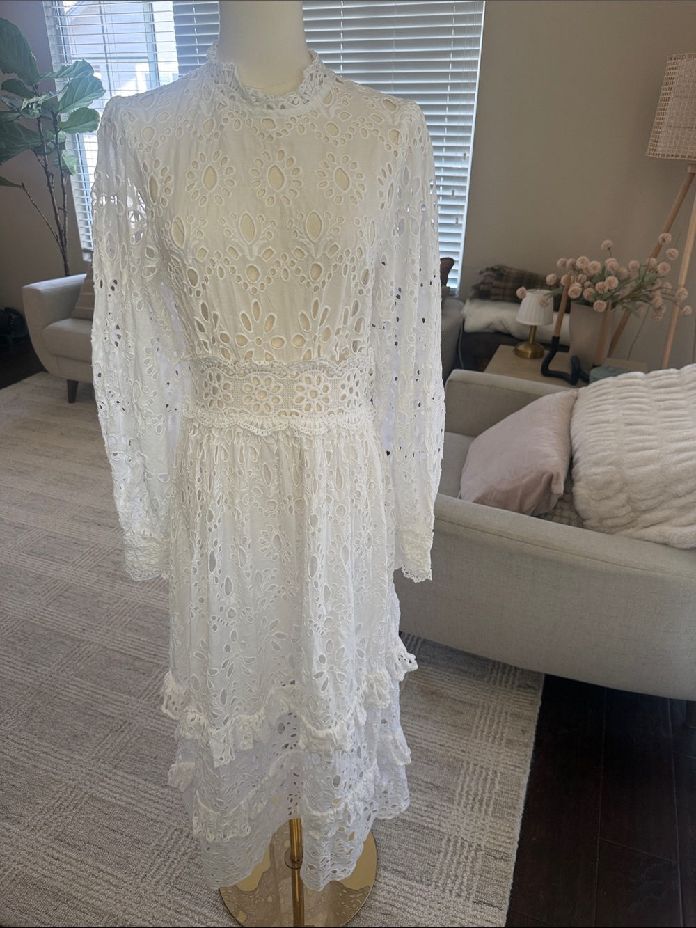 ASOS White Eyelet Lace Long-Sleeve Midi Dress